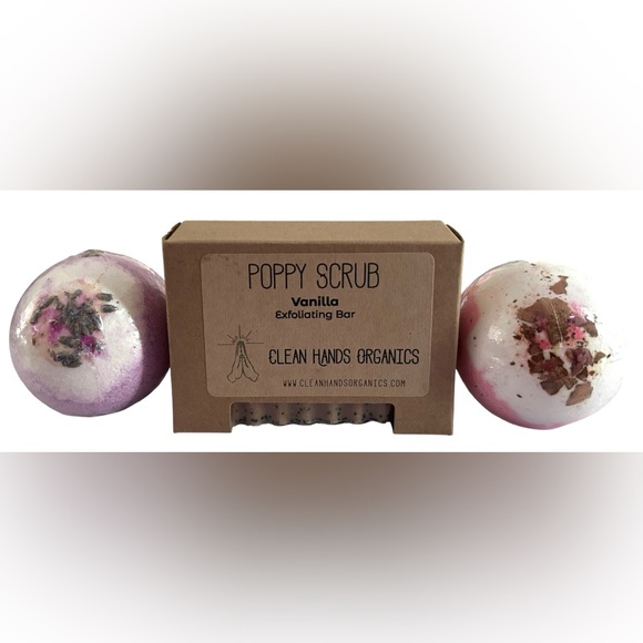 CLEAN HANDS ORGANICS Vanilla Poppy Exfoliating Bar & *2* Flower Bath Bombs✨NWT✨ - Picture 1 of 6